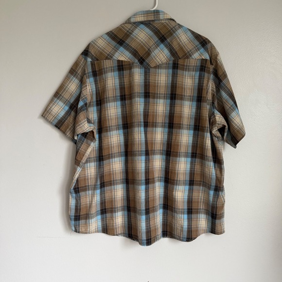 Wrangler Western Fashion Pearl Snap Shirt Mens XL Short Sleeve Brown Blue Plaid - Picture 4 of 6